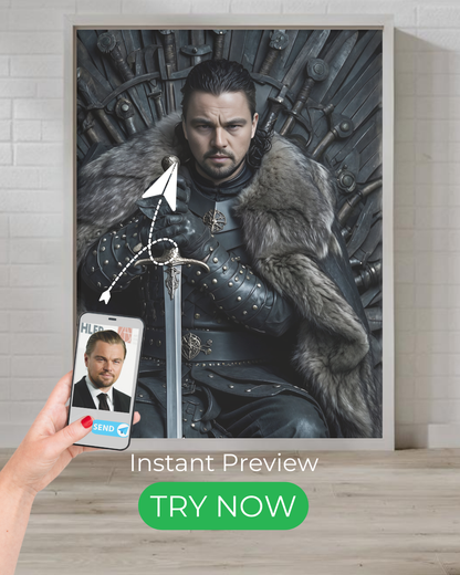 Custom warrior portrait – medieval fantasy artwork featuring a noble knight or king, personalized from your photo.