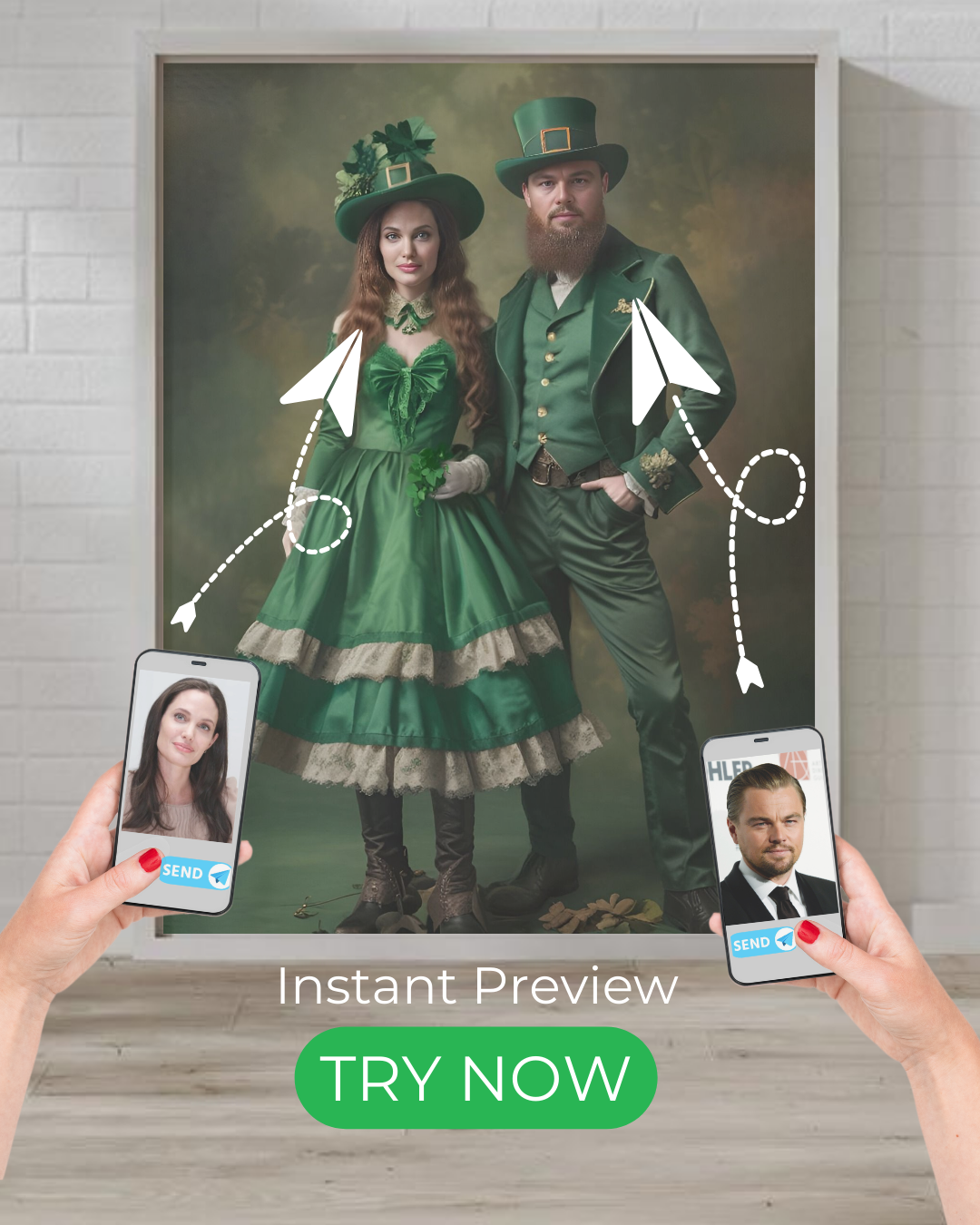 Custom portrait of a Saint Patrick’s Day couple dressed in vintage green Irish attire, created from customer photos for a festive and elegant look.