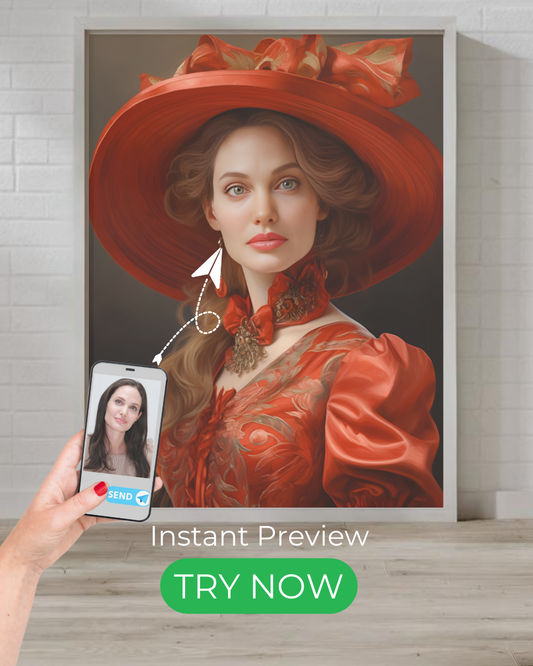 A custom vintage-inspired portrait of a woman in an elegant red hat and gown, with intricate embroidery, capturing timeless beauty and sophistication.

