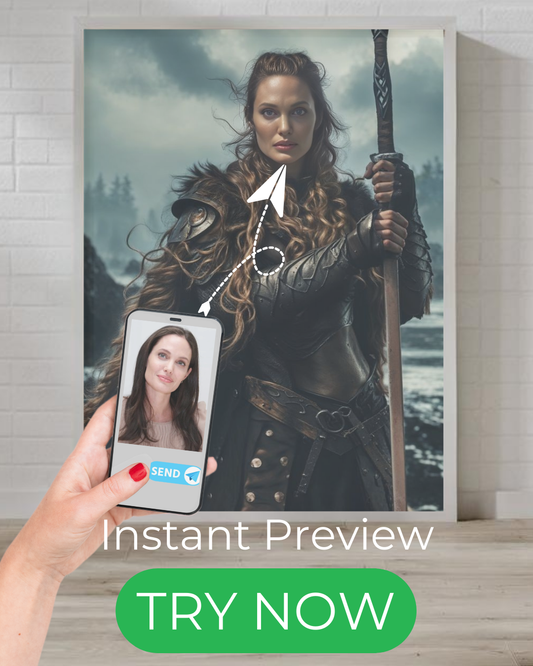 "Custom Viking shieldmaiden portrait featuring a fierce female warrior in armor with a spear and fur cloak – Personalized Norse mythology artwork from your photo."