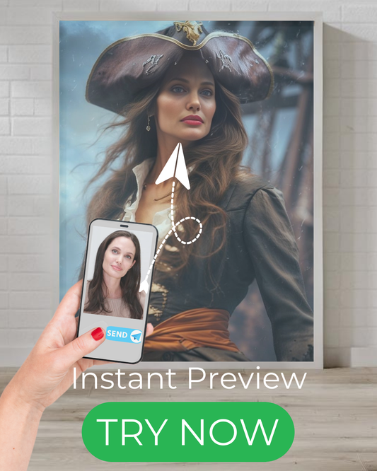 "custom portrait of a pirate queen woman in historical attire, fantasy sea captain artwork"
