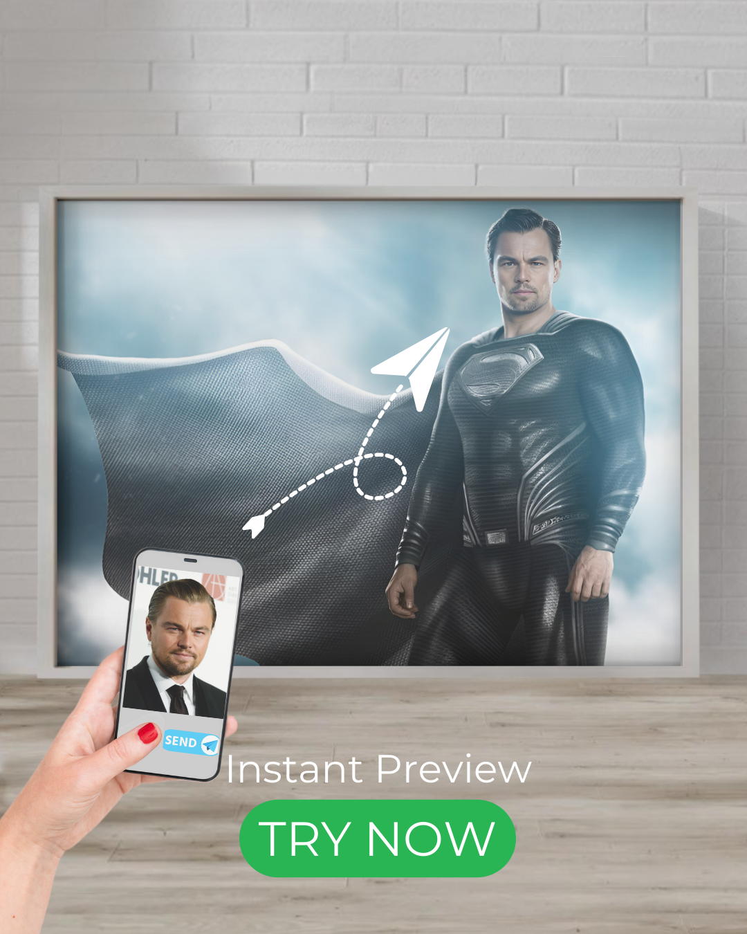 Custom superhero portrait from a photo, with instant preview and pro artist enhancements.