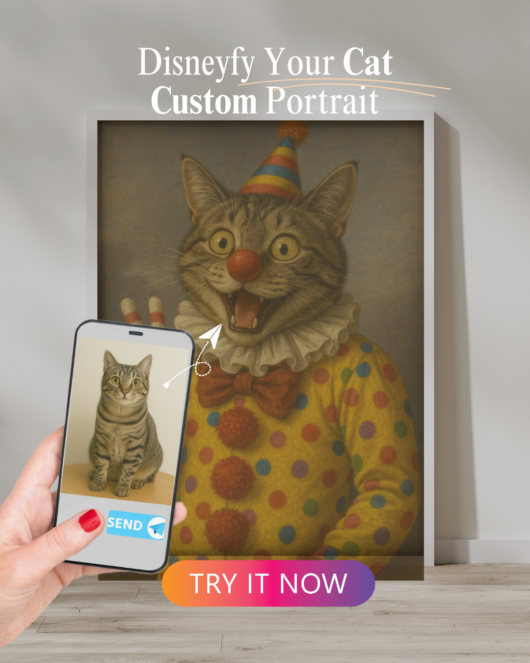 Turn your pet into a hilarious circus star! This custom clown portrait adds a burst of color and humor to any wall. Perfect gift for pet lovers with a sense of humor.
