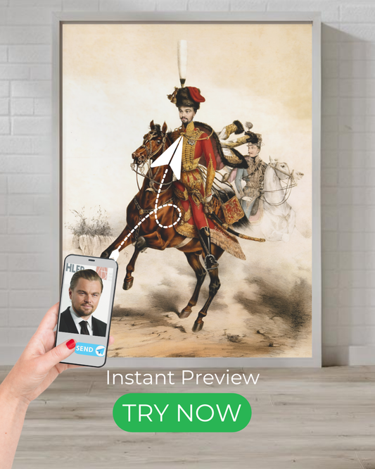 Custom portrait of a gallant hussar on horseback, historical warrior theme, military art, personalized digital painting with classic battlefield aesthetics.