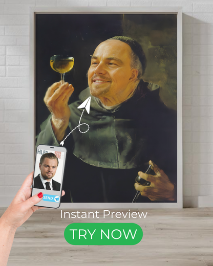 Custom portrait of a joyful monk holding a glass of wine, inspired by classical paintings. Personalized artwork with an instant preview.