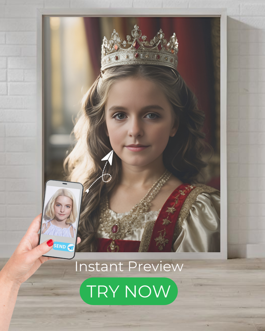 Custom portrait of a little princess in royal attire, hand-painted digital artwork, perfect for elegant home decor and special gifts.