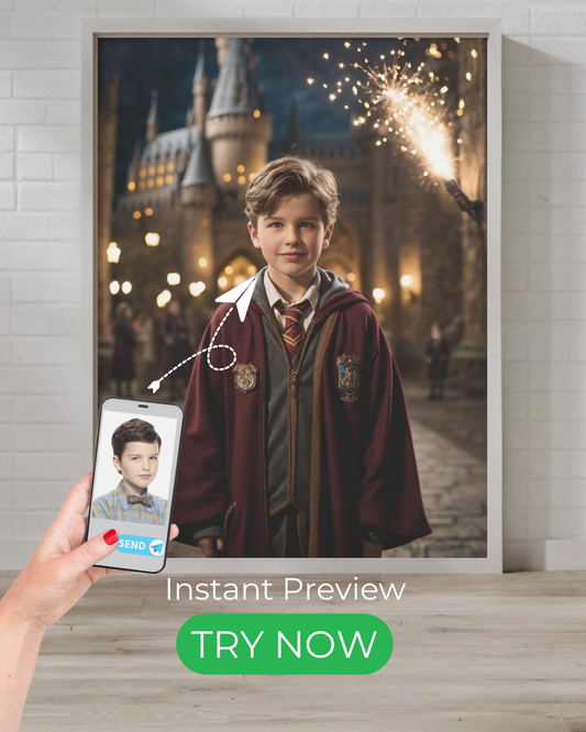 Custom little wizard portrait featuring enchanted castle, magical spells, and fantasy world, based on your child’s photo.