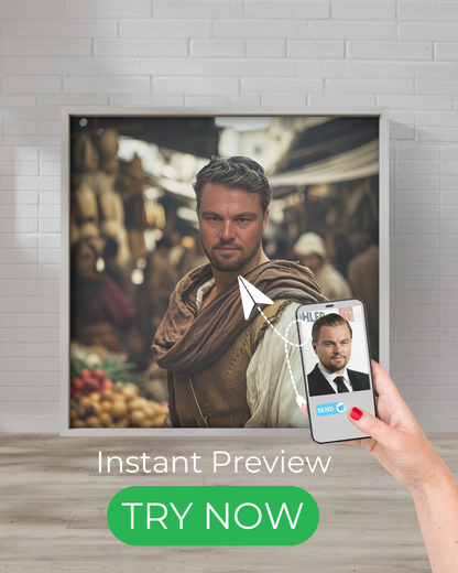 Custom medieval market merchant portrait, historical trader artwork, vintage shopkeeper painting, old-world traveler digital art.