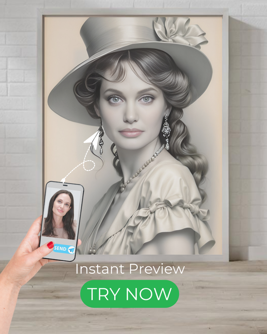 Custom portrait of a vintage-inspired elegant lady in a timeless dress, personalized artwork with soft tones, perfect for sophisticated and classic decor.