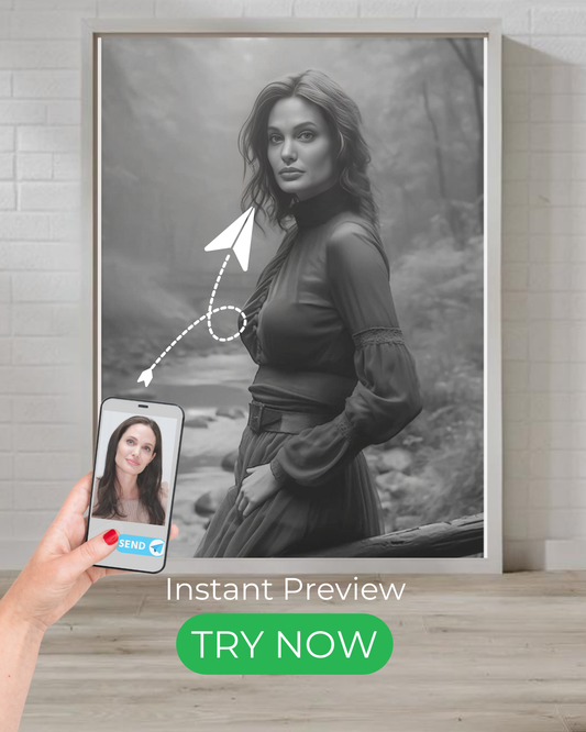 Custom black and white vintage-style portrait of a woman in a misty forest, evoking a cinematic noir aesthetic.