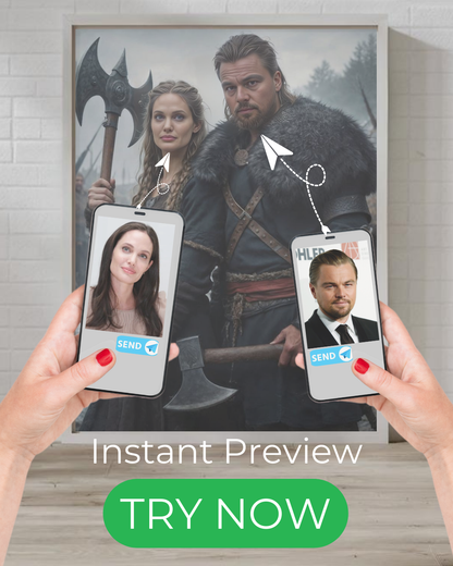Custom Viking portrait featuring a fierce warrior and shieldmaiden, transformed from your photo into a stunning Norse-inspired artwork.