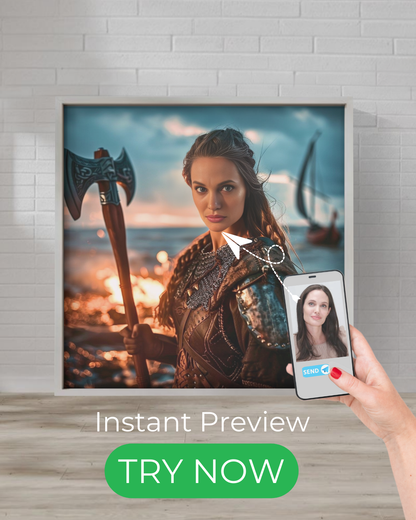 Custom Viking shieldmaiden portrait, powerful warrior woman in armor, Nordic fantasy artwork from your photo.