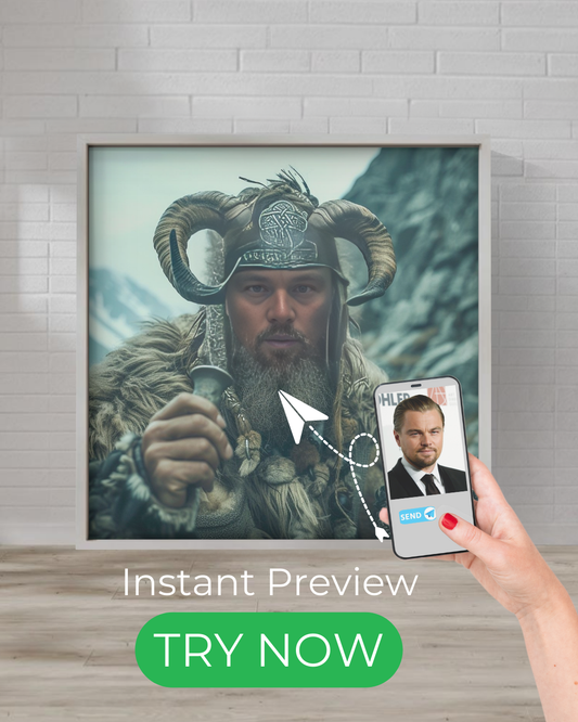 Custom Viking warlord portrait featuring a fierce Norse warrior in fur armor and a horned helmet, crafted from your own photo.