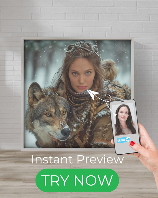 Custom fantasy portrait of a fierce warrior with a wolf companion, designed as a unique, personalized artwork for fantasy lovers and adventure seekers.