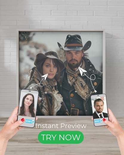 Custom cowboy portrait featuring a Western couple in a snowy frontier setting, transformed from your photo.