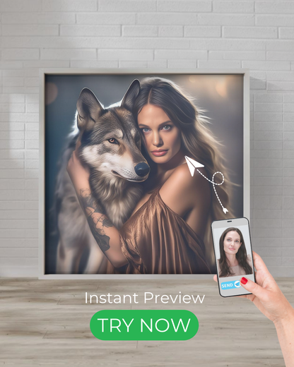 Custom wolf spirit portrait – personalized artwork featuring a mystical human and wolf design.

