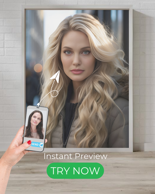 Custom Winter Elegance portrait, stylish blonde woman digital painting, elegant winter photography-inspired artwork.