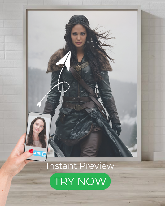 Custom portrait of a fierce winter warrior in battle armor, fantasy-style artwork from your photo.

