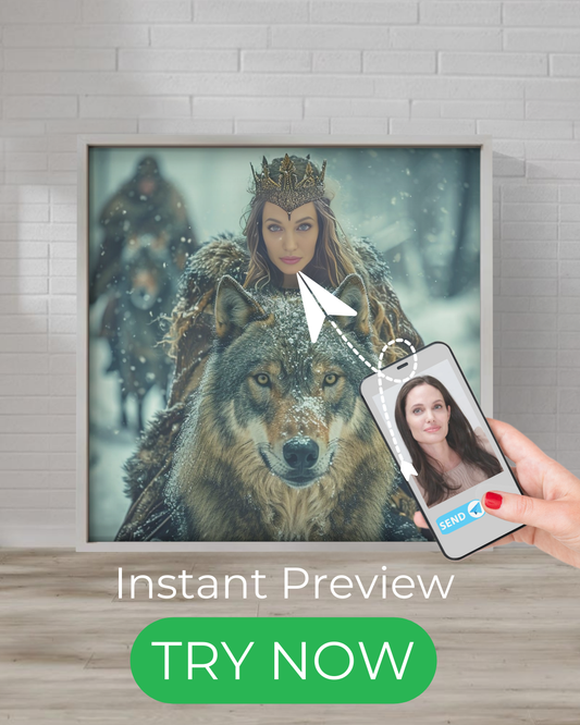 Custom fantasy portrait of a regal Winter Wolf Queen with a majestic wolf, powerful and elegant digital painting.
