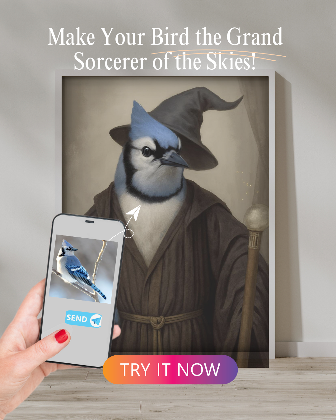 A majestic blue jay dressed as a wizard, wearing a tall pointed hat and holding a magical staff in a fantasy-style digital painting.