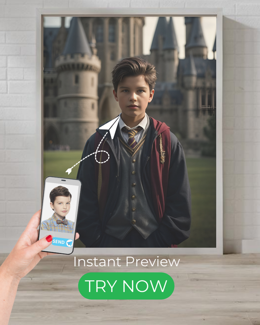 Custom wizard portrait, wizard school artwork, personalized magic academy painting, fantasy wizard photo, enchanted castle portrait, magical custom art.