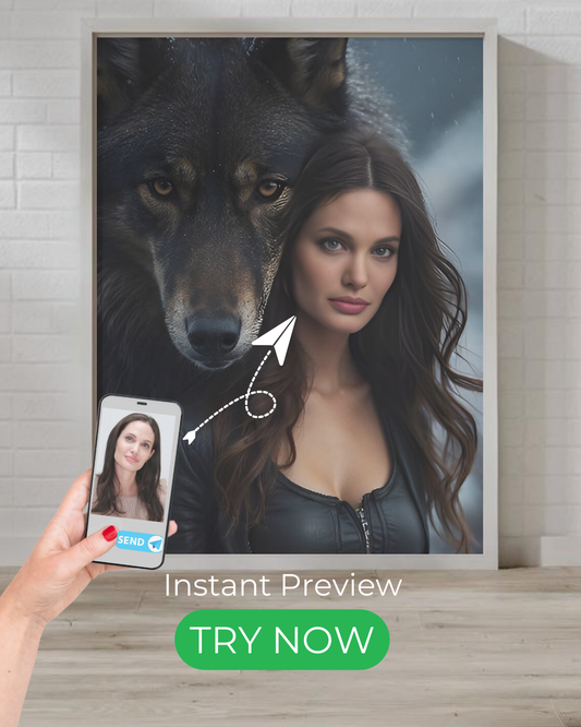 Custom wolf portrait – fantasy artwork featuring a person with a majestic wolf, personalized from your photo.
