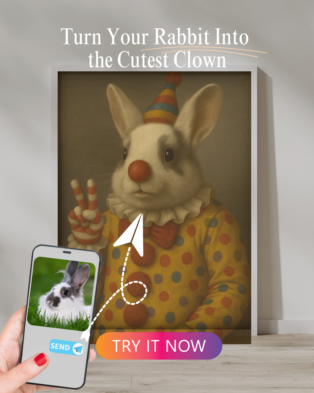 Clown Rabbit Portrait | Custom Funny Bunny Art from Your Photo