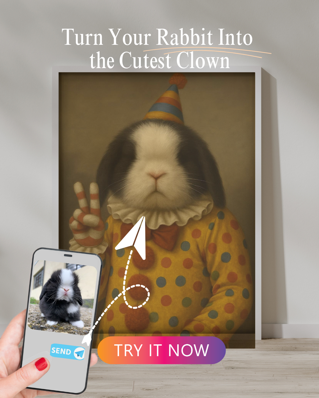 Clown Rabbit Portrait | Custom Funny Bunny Art from Your Photo