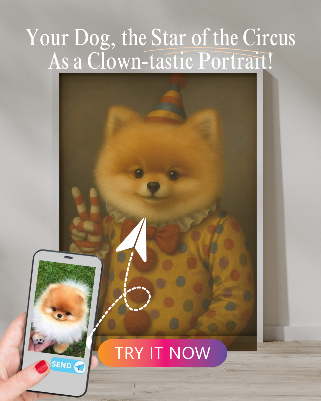 A fluffy orange Pomeranian reimagined as a cheerful circus clown in a custom portrait, dressed in a colorful polka-dot suit and party hat. The original pet photo is displayed on a phone, showcasing the transformation process.








