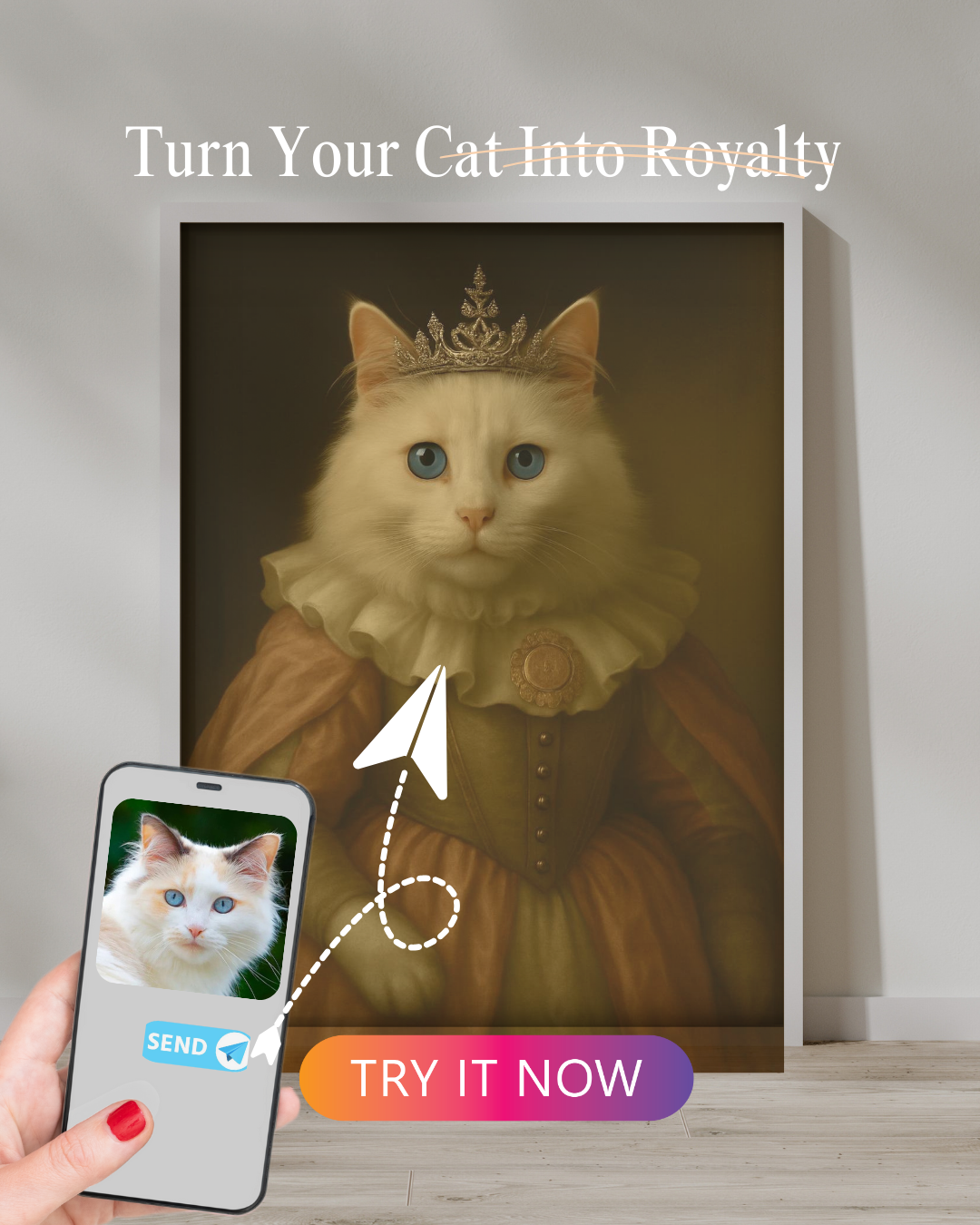 Princess Cat Portrait | Custom Royal Pet Painting from Photo